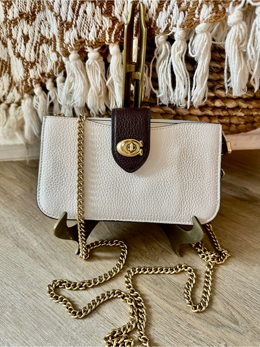 Coach Cream/Tan Color Block Pebbled Leather WOC w/ Brown Tab & Gold Chain